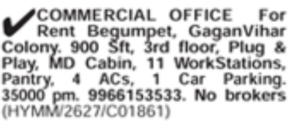 Begumpet Plug & Play Commercial Office for Rent