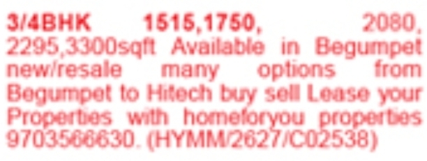 Begumpet To Hitech City 3/4BHK Flats For Sale/Lease