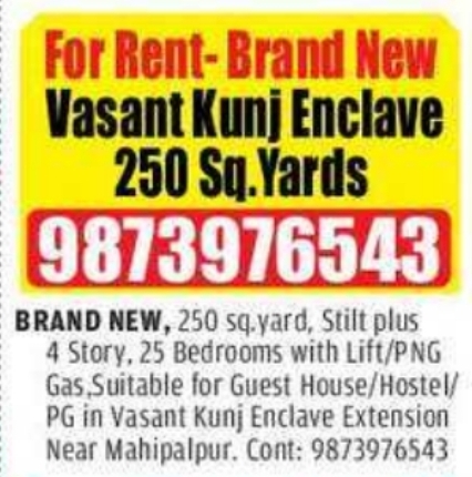 Brand New 250 Sq. Yards Building for Rent in Vasant Kunj Enclave