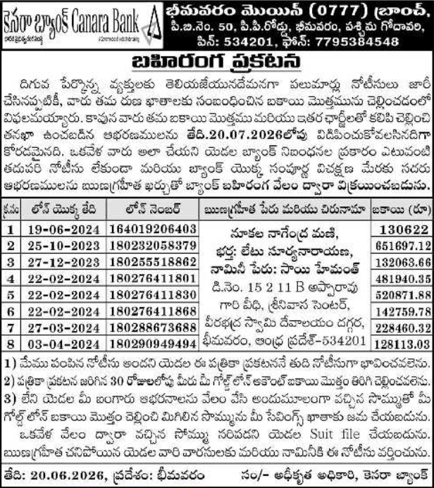 Canara Bank Gold Ornaments Auction Notice