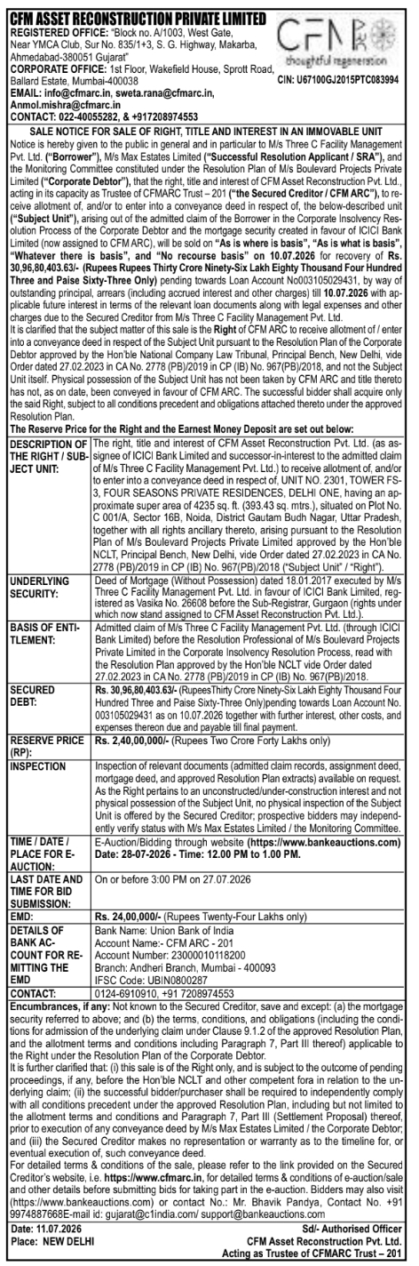 CFM Asset Reconstruction Immovable Unit Sale Notice