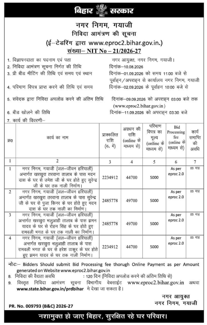 Civil Drainage Construction E-Tender by Municipal Corporation, Gaya
