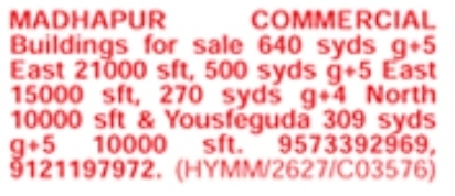 Commercial Buildings for Sale: Madhapur & Yousufguda