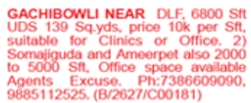 Commercial Office & Clinic Spaces: Gachibowli, Somajiguda & Ameerpet