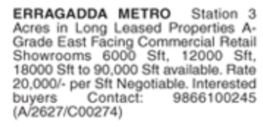 Commercial Retail Space for Sale: Erragadda, Hyderabad