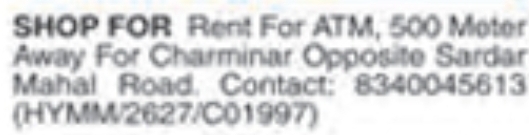 Commercial Shop for Rent for ATM near Charminar