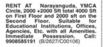 Commercial Space for Rent: 4000 Sft at Narayanguda YMCA Circle