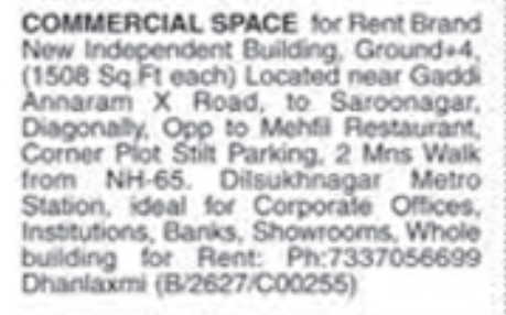 Commercial Space for Rent: Dilsukhnagar, Hyderabad