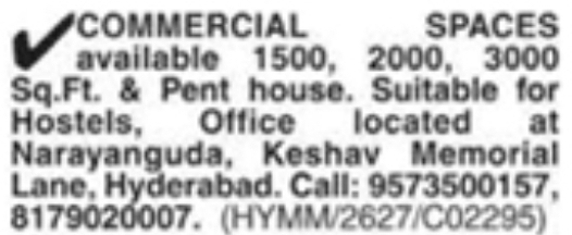 Commercial Spaces for Rent: Narayanguda, Hyderabad