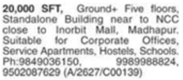 Commercial Standalone Building for Rent in Madhapur