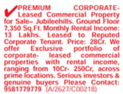 Corporate-Leased Commercial Property for Sale: Jubilee Hills, Hyderabad