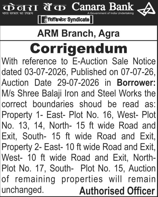 Corrigendum Notice: Boundary Correction Work Canara Bank ARM Branch, Agra