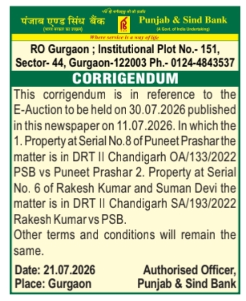 Corrigendum Notice: E-Auction Amendment by Punjab & Sind Bank
