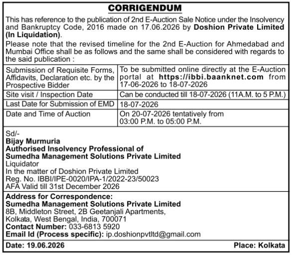 Corrigendum Notice: E-Auction Timeline Doshion Pvt Ltd