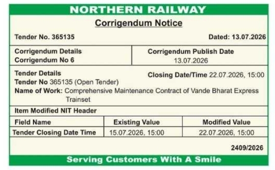 Corrigendum Notice: Vande Bharat Maintenance Timeline Extension