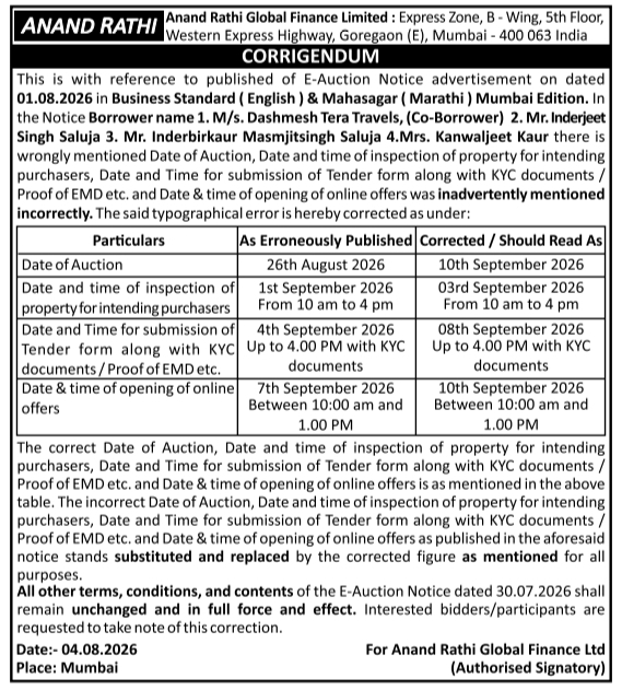 Corrigendum to E-Auction Advertisement for Jitendra Roadlines