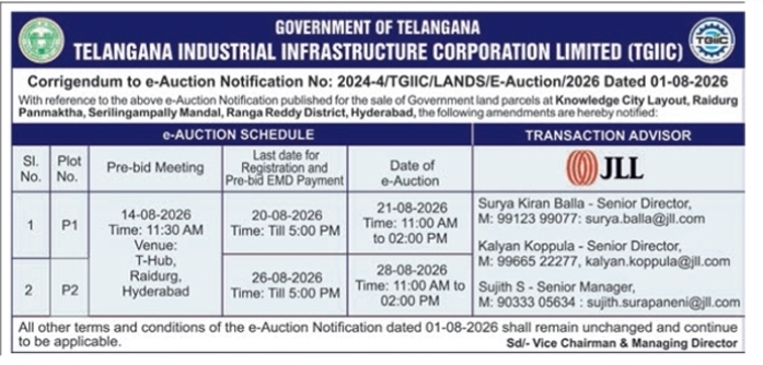 Corrigendum to e-Auction for Knowledge City Land Parcels by TGIFC