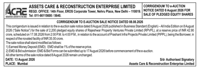 Corrigendum to E-Auction Notice by Assets Care & Reconstruction Enterprise Limited