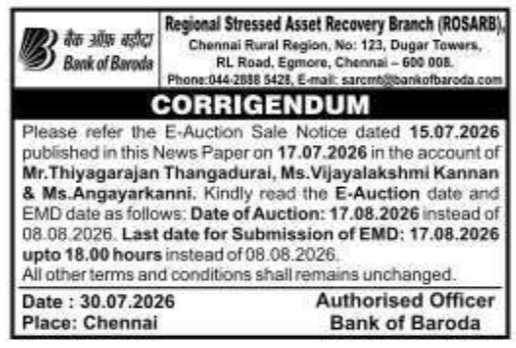 Corrigendum to E-Auction Sale Notice by Bank of Baroda