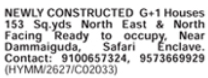 Dammaiguda: 153 Sq Yds Newly Constructed G+1 Houses for Sale