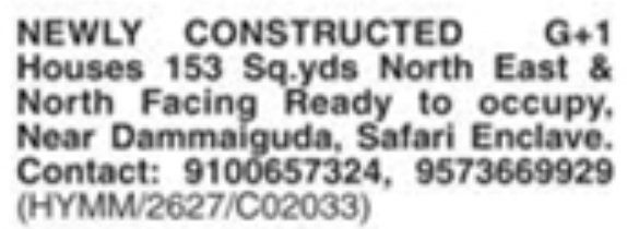Dammaiguda: Newly Constructed G+1 Houses at Safari Enclave