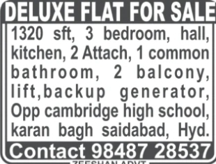 Deluxe Flat for Sale: 3 BHK Apartment in Saidabad
