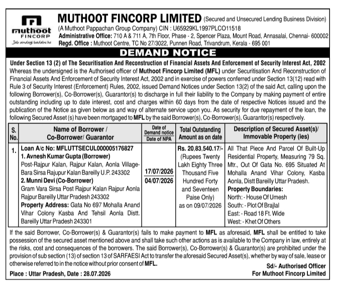 Demand Notice by Muthoot Fincorp Limited