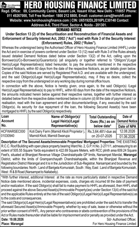 Demand Notice for Mortgaged Property by Hero Housing Finance Limited