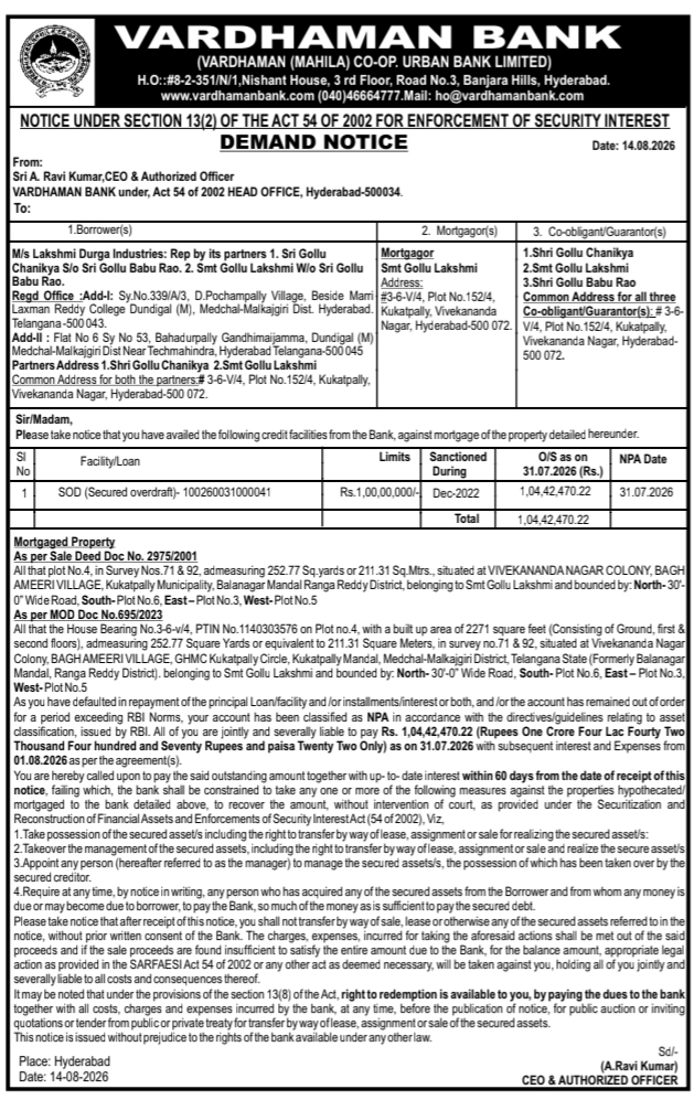 Demand Notice for Mortgaged Property by Vardhaman Bank