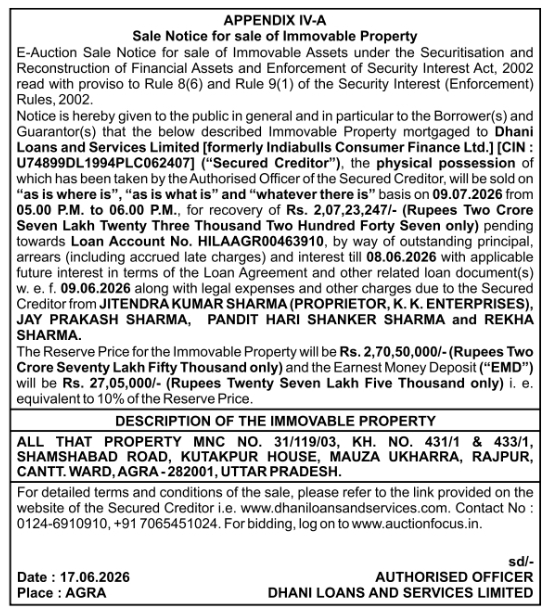 Dhani Loans Agra Immovable Property E-Auction