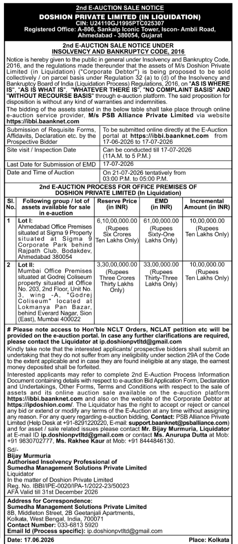 Doshion Private Limited Office Premises E-Auction