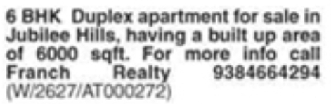 Duplex Apartment for Sale: Jubilee Hills, Hyderabad