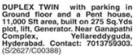 Duplex Twin House with Penthouse For Sale in Yellareddyguda