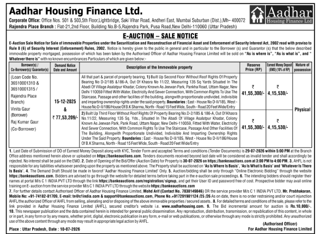 E-Auction Notice: Aadhar Housing Finance Property Sale