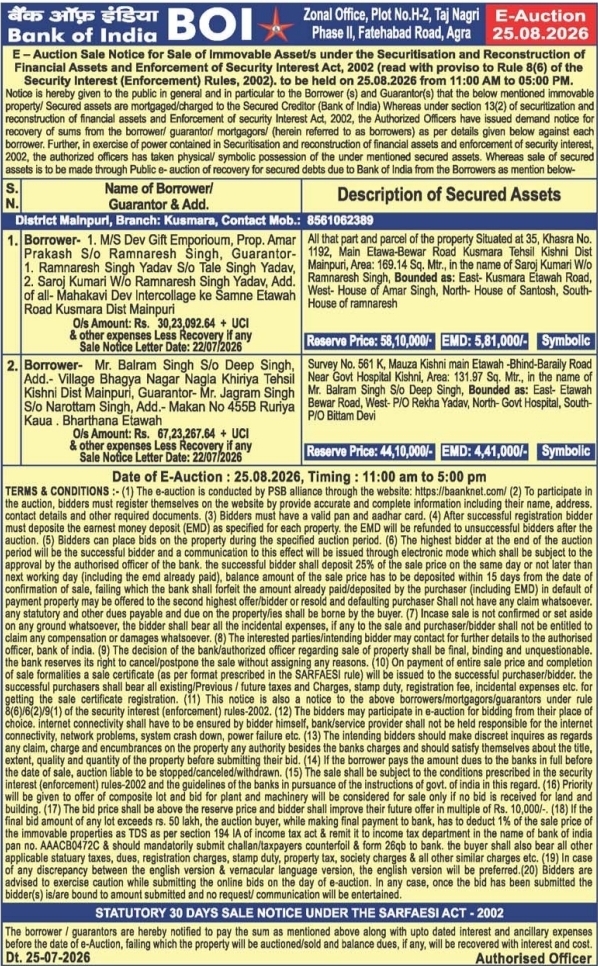 E-Auction Notice: Bank of India Mainpuri District Branch Sale