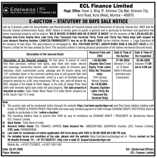 E-Auction Notice: ECL Finance Limited Asset Disinvestment