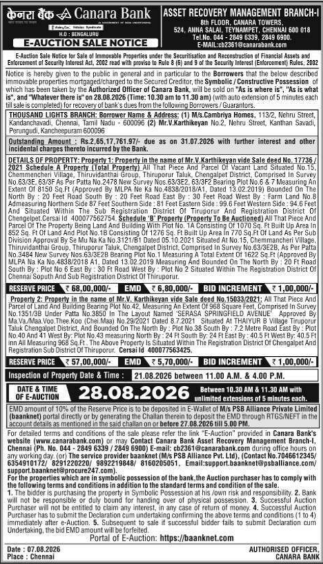 E-Auction Notice for 2 Properties by Canara Bank Chennai