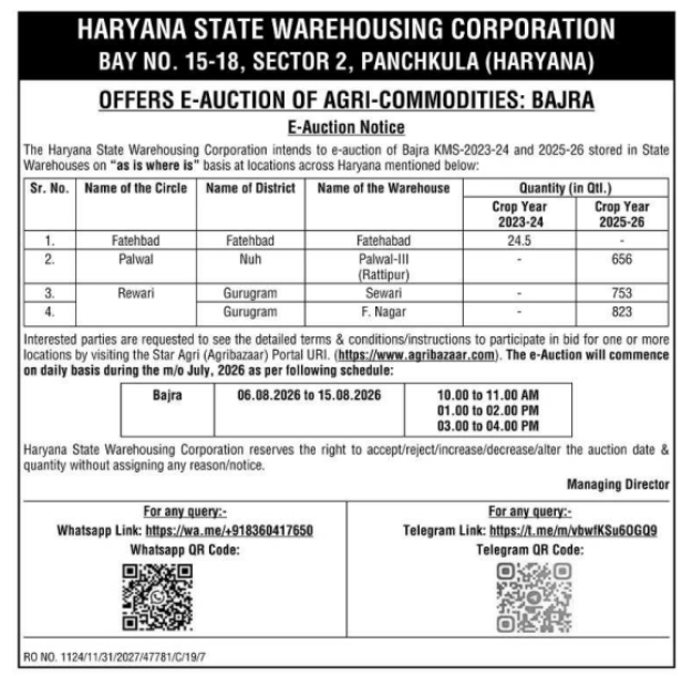 E-Auction Notice for Agri-Commodities (Bajra)