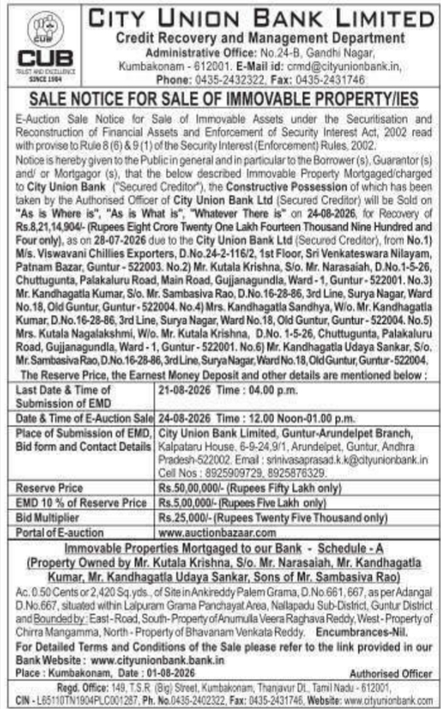 E-Auction Notice for Agro-Industrial Land in Ankireddy Palem
