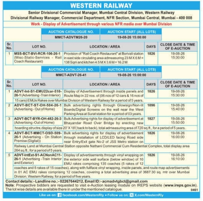 E-Auction Notice for Commercial Advertising and Restaurant Leases by Western Railway