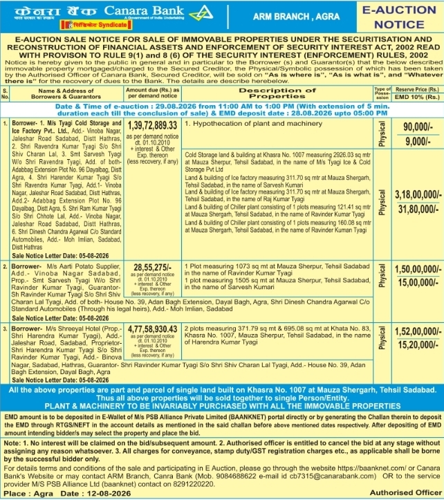 E-Auction Notice for Commercial Cold Storage Land by Canara Bank