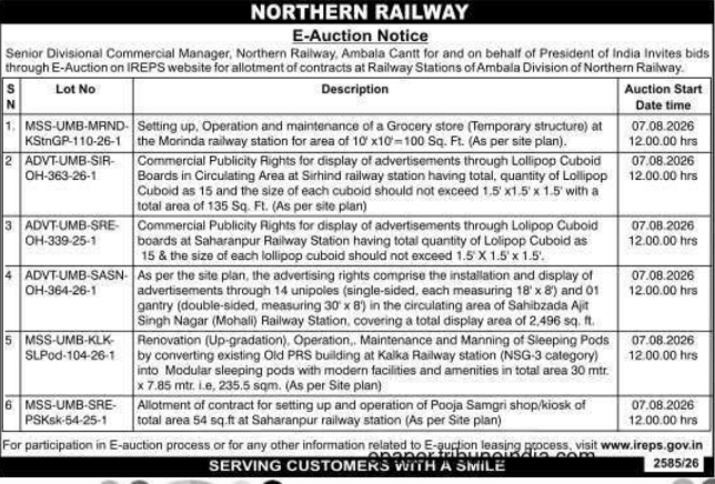 E-Auction Notice for Commercial Contracts by Northern Railway