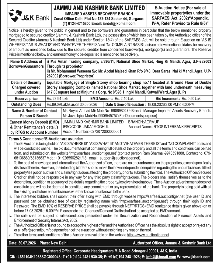 E-Auction Notice for Commercial Property by J&K Bank