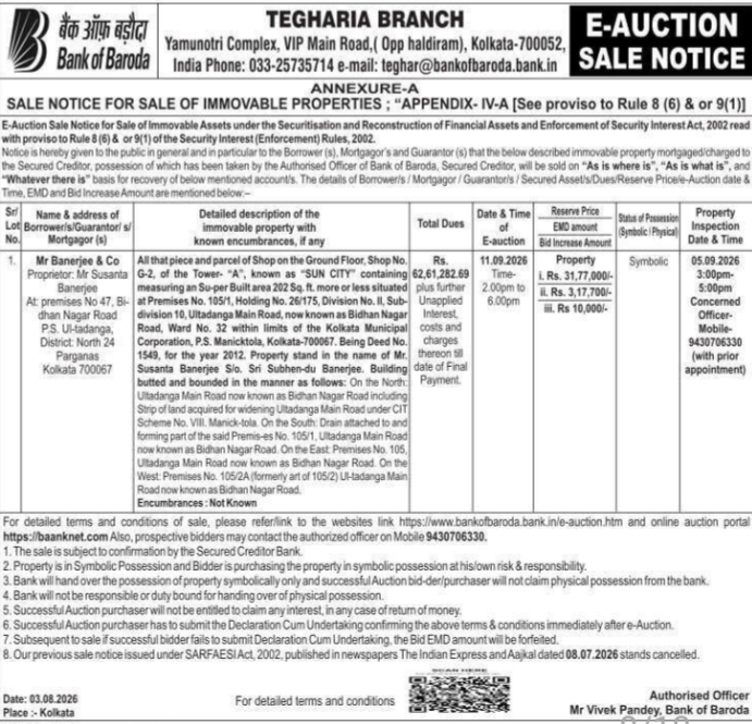 E-Auction Notice for Commercial Shop in Tegharia