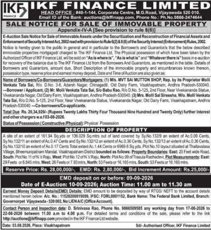 E-Auction Notice for Commercial/Residential Land Plot in Bheemunipatnam