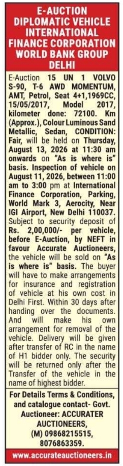 E-Auction Notice for Diplomatic Vehicle Sale