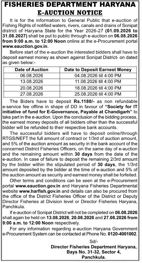 E-Auction Notice for Fishing Rights Allotment