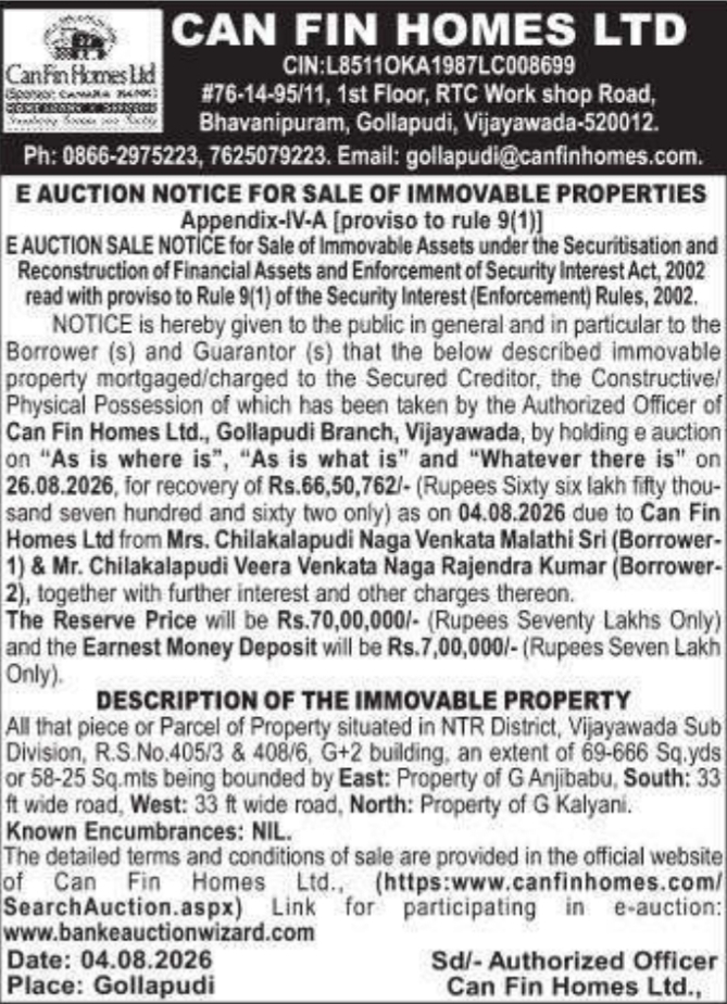 E-Auction Notice for G+2 Commercial Building in Gollapudi