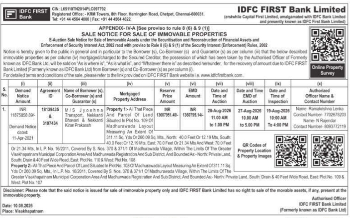 E-Auction Notice for Immovable Property by IDFC FIRST
