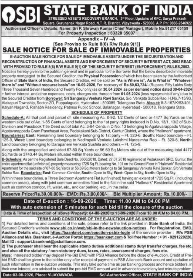 E-Auction Notice for Land and Apartment Flat in Guntur